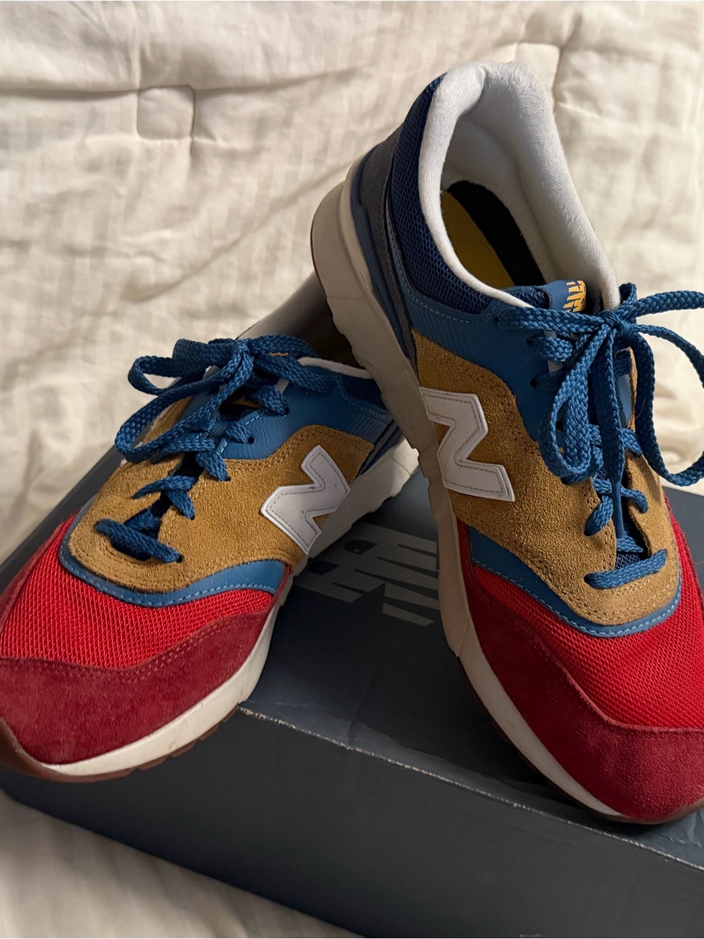 New Balance Red, Blue & Tan Suede Mesh Sneakers